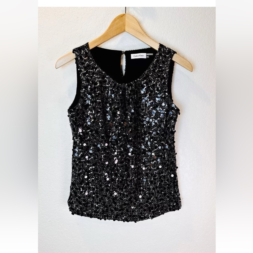 ✨ CALVIN KLEIN SEQUIN SLEEVELESS TANK TOP WOMEN'S SHIRT BLACK SPARKLE SIZE XS ✨